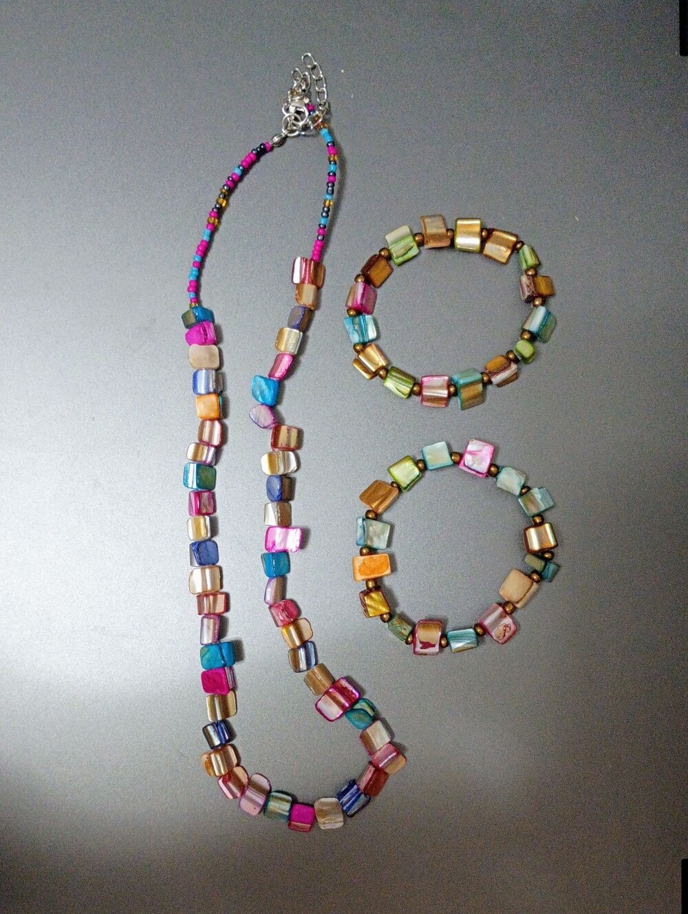 Multicolor Bangle Stack with Shell Chip Bracelets